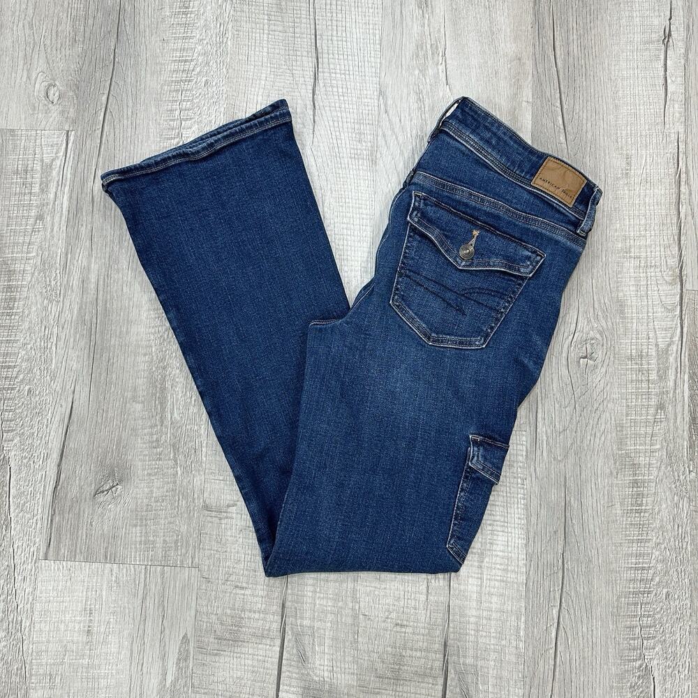 American Eagle Kick Boot Jeans Womens 6 (30x31) Cargo Back Flap Pockets Stretch